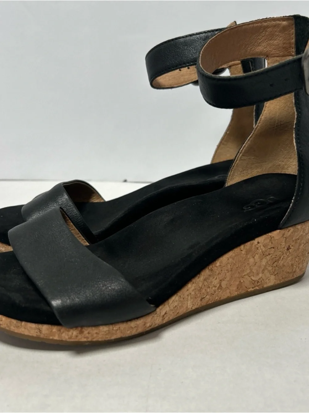 UGG Zoe II Leather Open Wedge Cork Sandal Ankle Strap‎ 1102674 Black Size 6.5